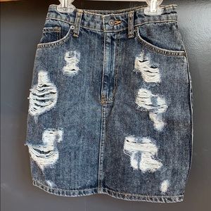 Distressed jean mini skirt